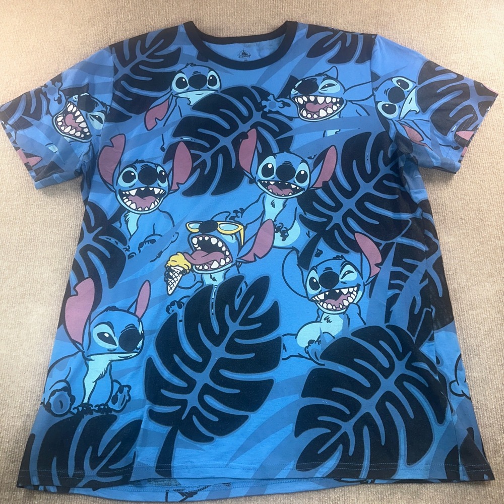 Disney Lilo & Stitch All Over Print Blue T-Shirt Mens 2XL Tropical Monstera Leaf